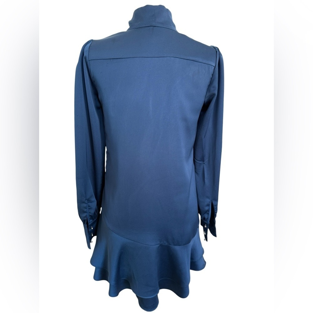 Parker Navy Blue Satin Mini Dress XS Tie Neck Long Sleeve Cascading Ruffle Hem - Picture 4 of 16
